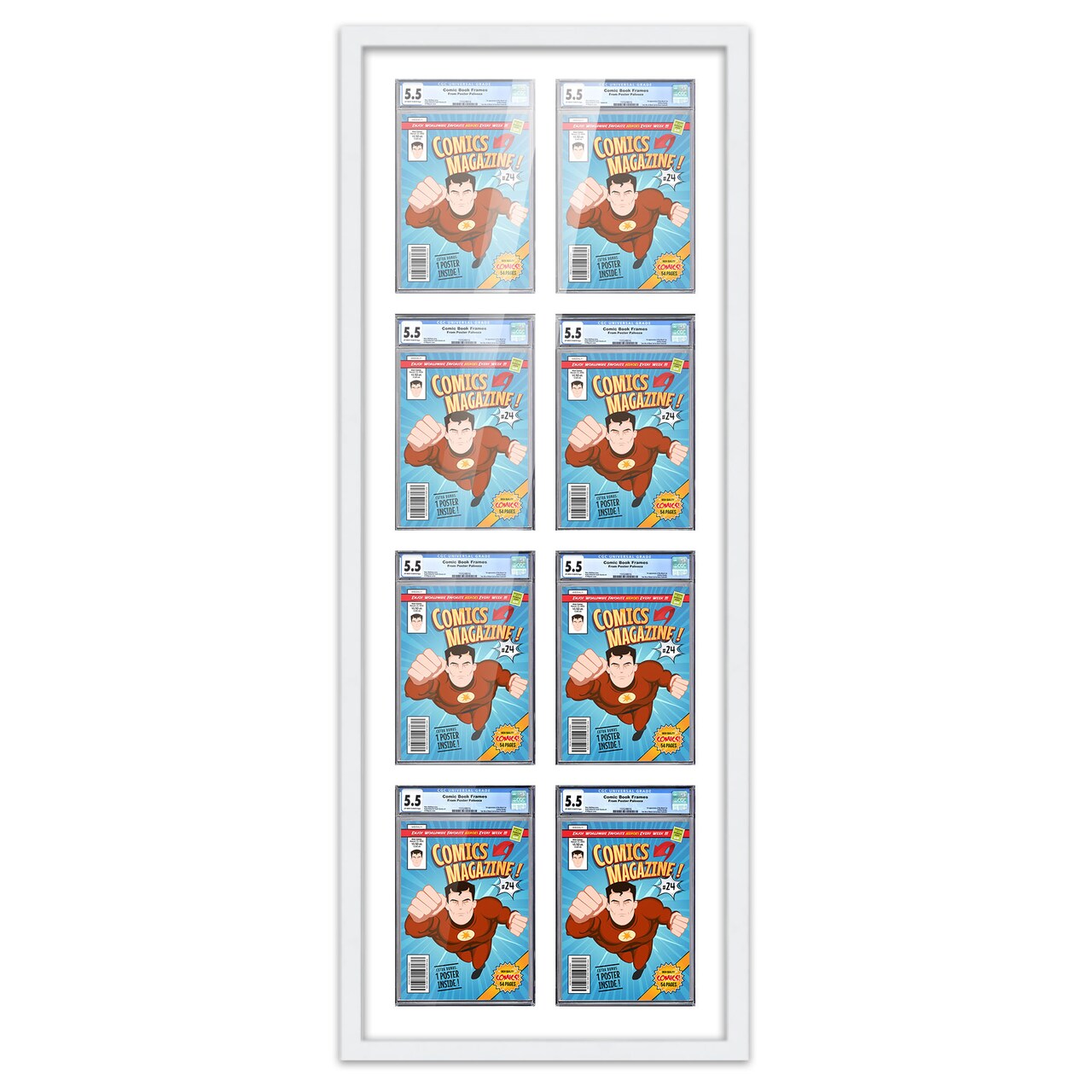Comic Book Display Frame for Graded Comics - White Wood Comic Frame With White Mat for 8.125x13 Comics, 18 Frame Sizes